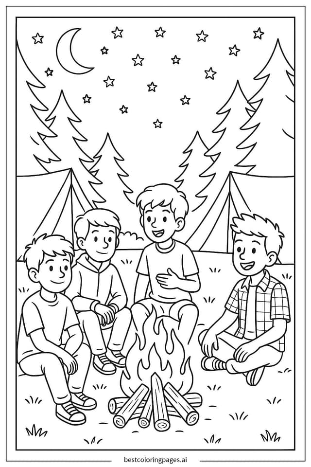 Boys Camping Under the Starlit Sky Coloring Pages