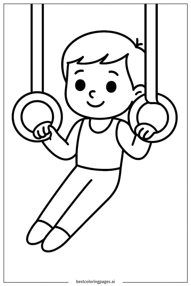 Young Gymnast Swinging on Rings Coloring Page
