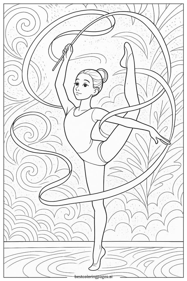 Gymnastics with Colorful Ribbons Coloring Page