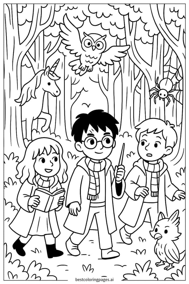 Harry and Friends in the Enchanted Forest Coloring Page