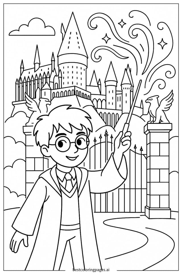 Harry Casting a Spell in Hogwarts Coloring Page