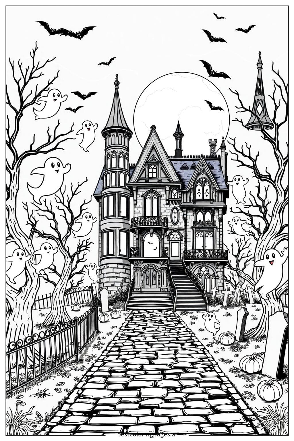Haunted Mansion with Playful Ghosts Coloring Page