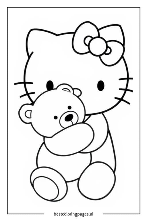 Tranh tô màu Hello Kitty ôm chú gấu bông