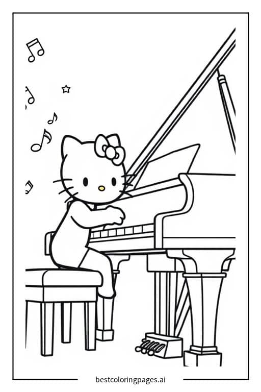 Tranh tô màu Hello Kitty chơi đàn piano
