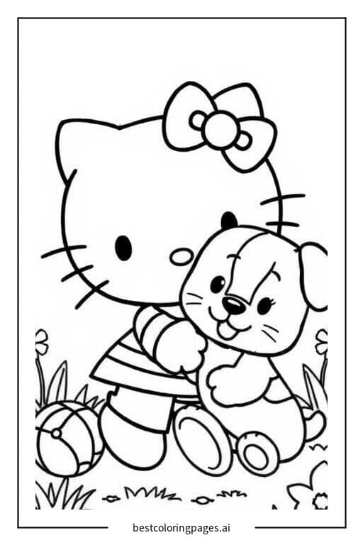 Tranh tô màu Hello Kitty chơi với chó con
