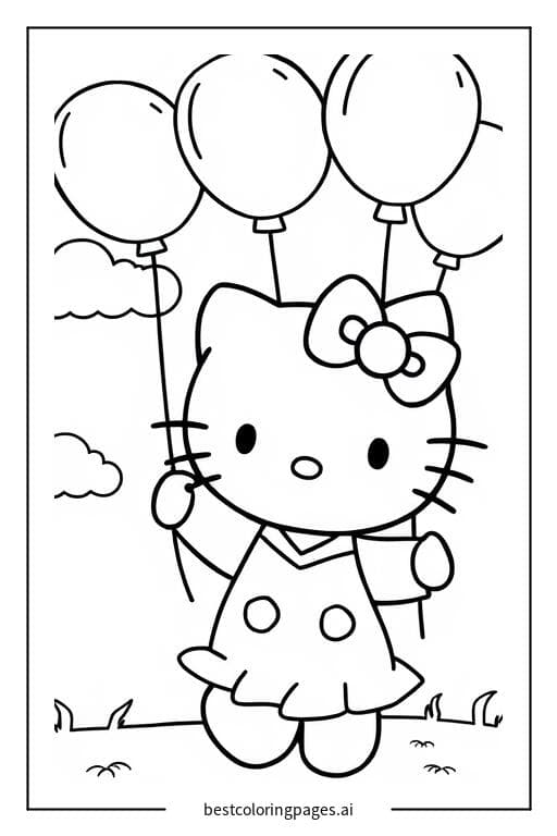 Tranh tô màu Hello Kitty chơi với những quả bóng bay