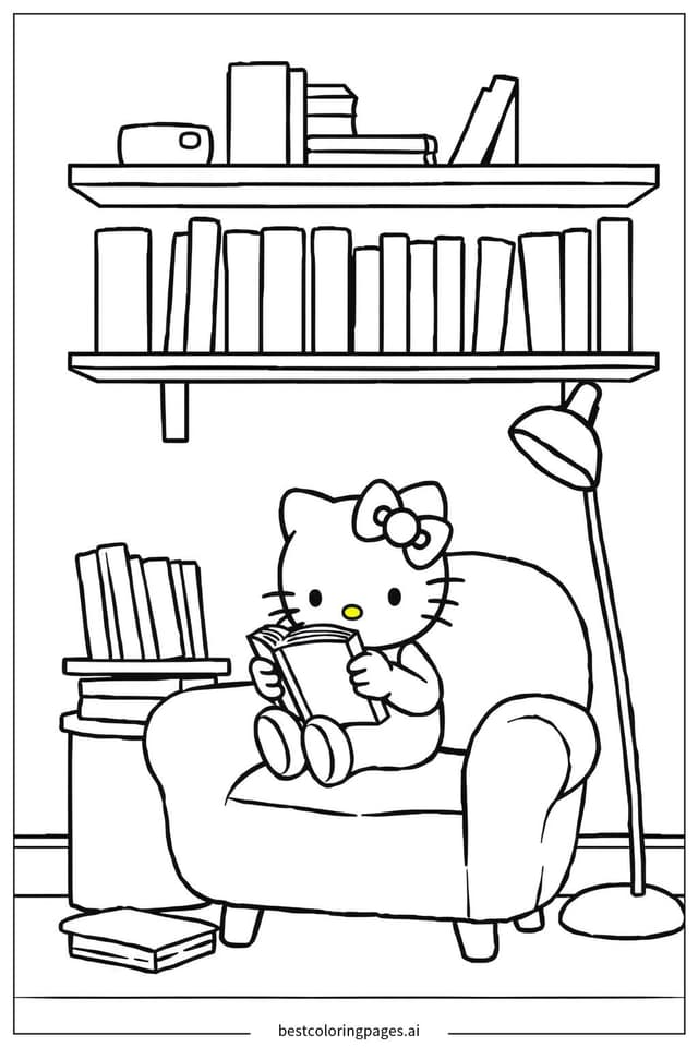 Hello Kitty 閱讀一本書 著色圖
