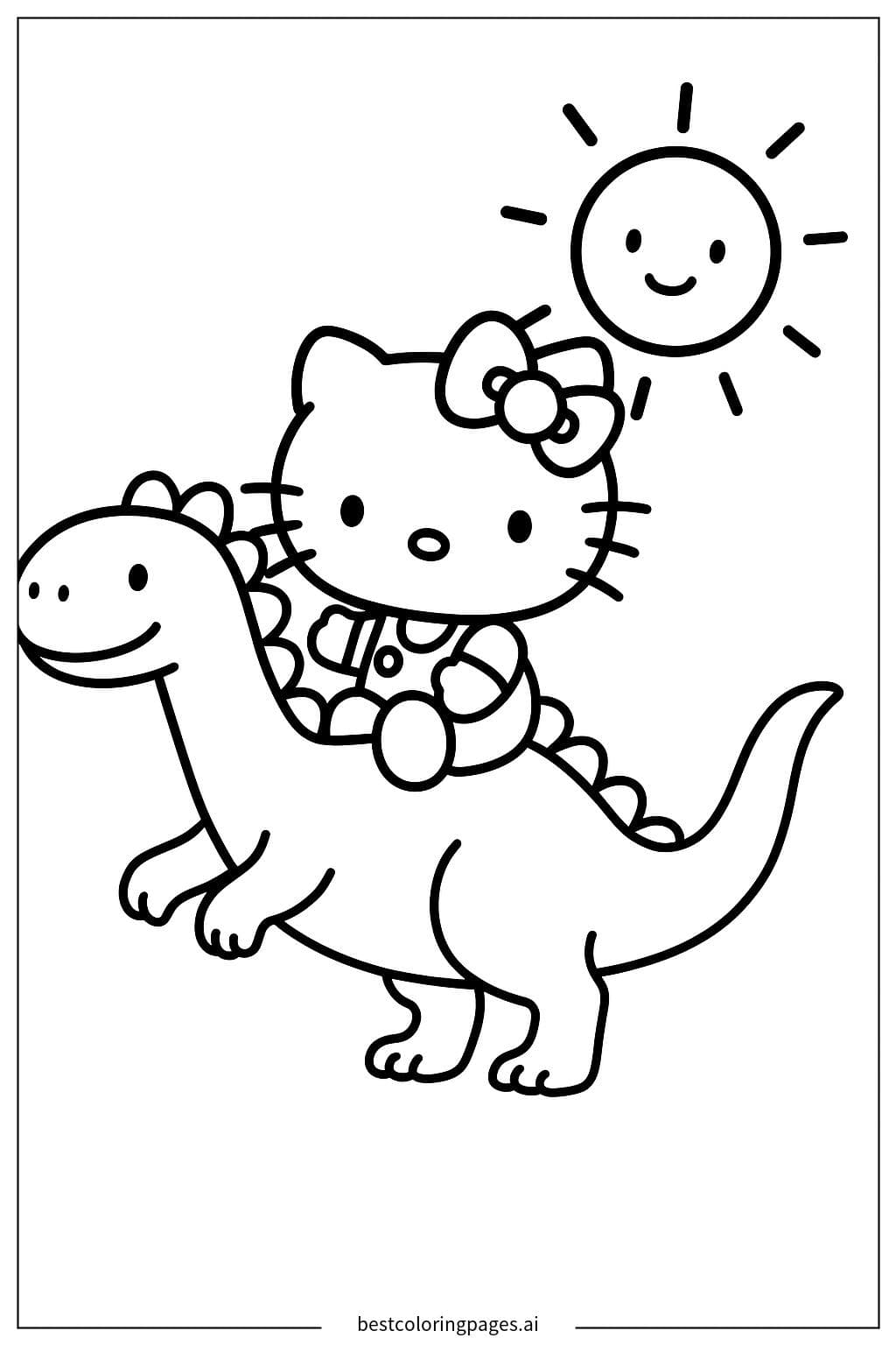 Hello Kitty montant un dinosaure