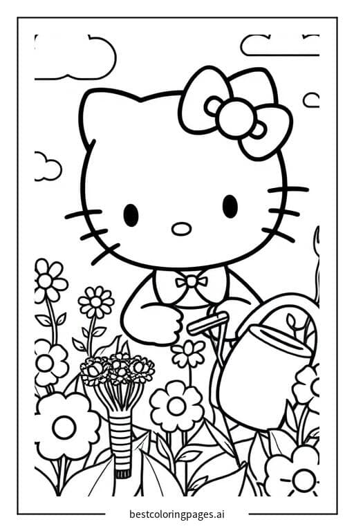 Tranh tô màu Hello Kitty chăm sóc hoa