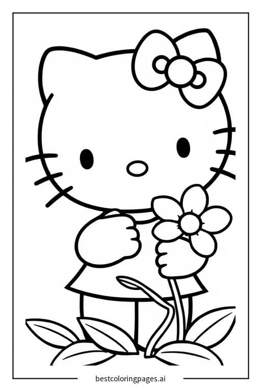 Tranh tô màu Hello Kitty cầm hoa