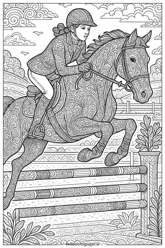 Horse and Rider Soaring Over Obstacles Coloring Page