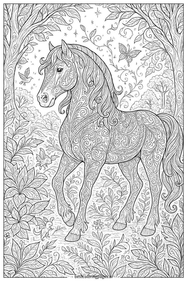 Majestic Horse in a Fantasy Forest Coloring Page