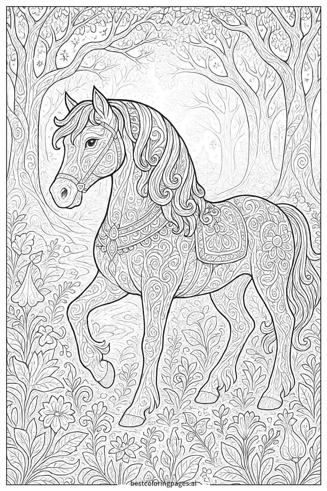Horse in a Magical Forest Coloring Page