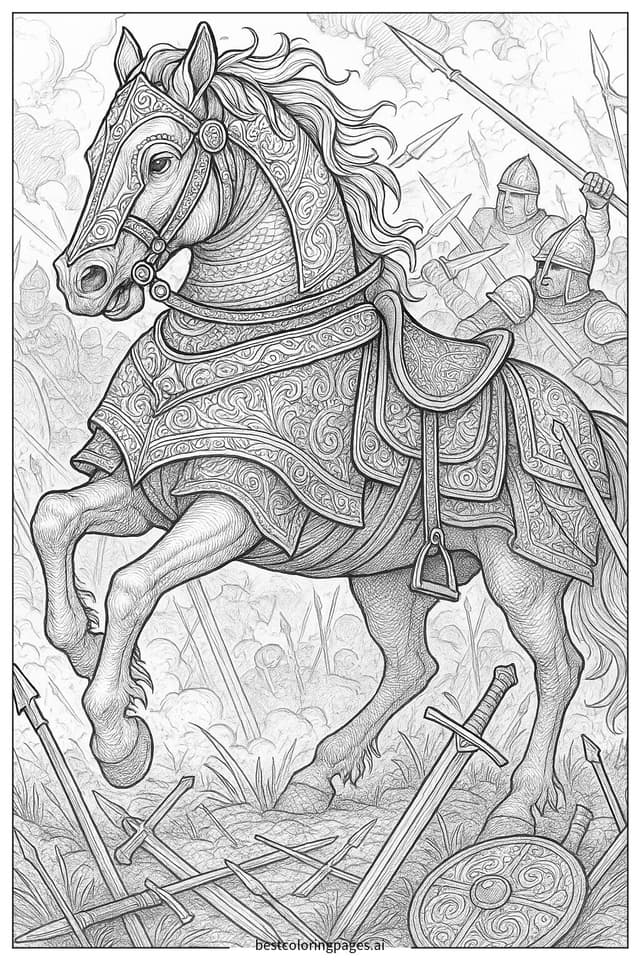 Majestic Horse in a Thrilling Medieval Battle Coloring Page