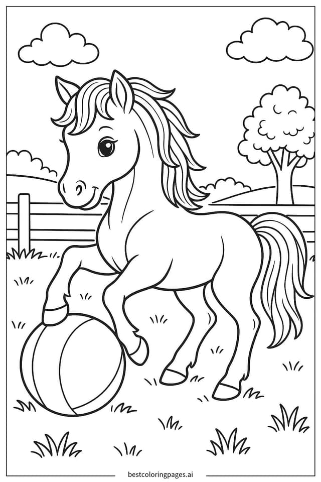 Playful Horse with a Ball Coloring Page