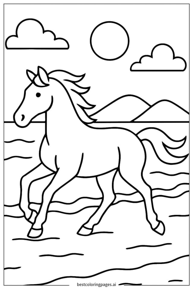 Galloping Horse on a Beach Coloring Page