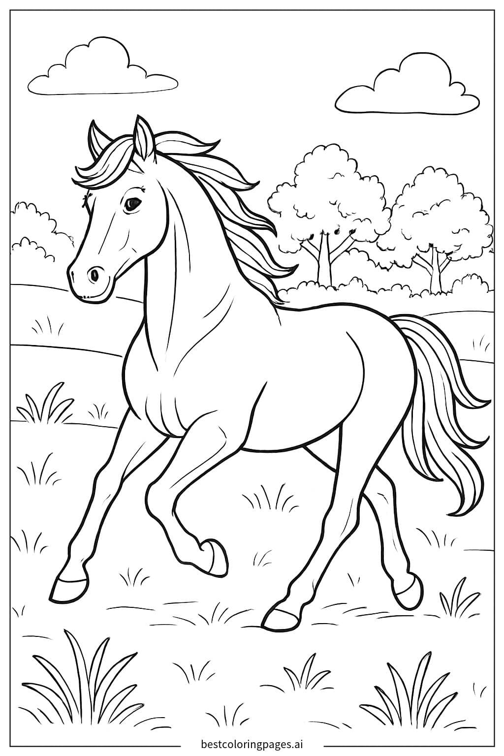 Graceful Horse Trotting in a Sunny Field Coloring Page