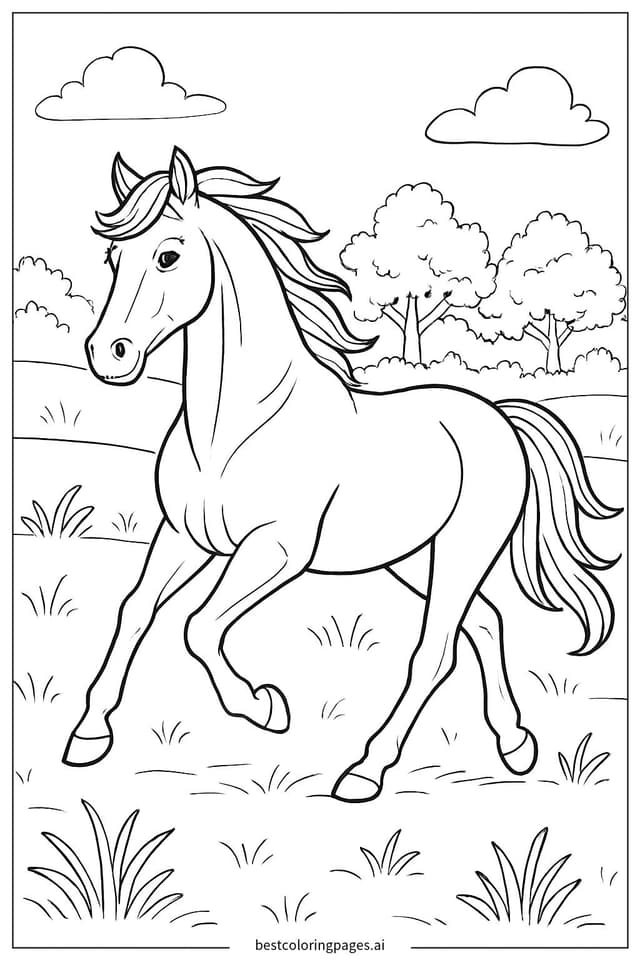 Graceful Horse Trotting in a Sunny Field Coloring Page