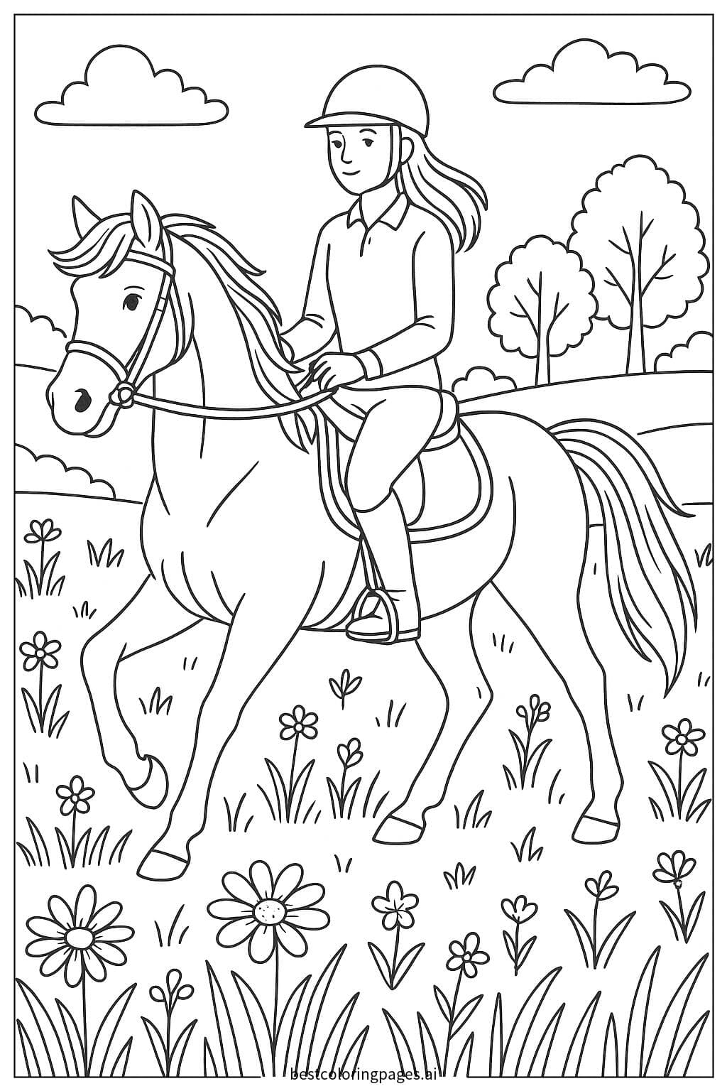 Pferd mit Reiter auf einer Wiese