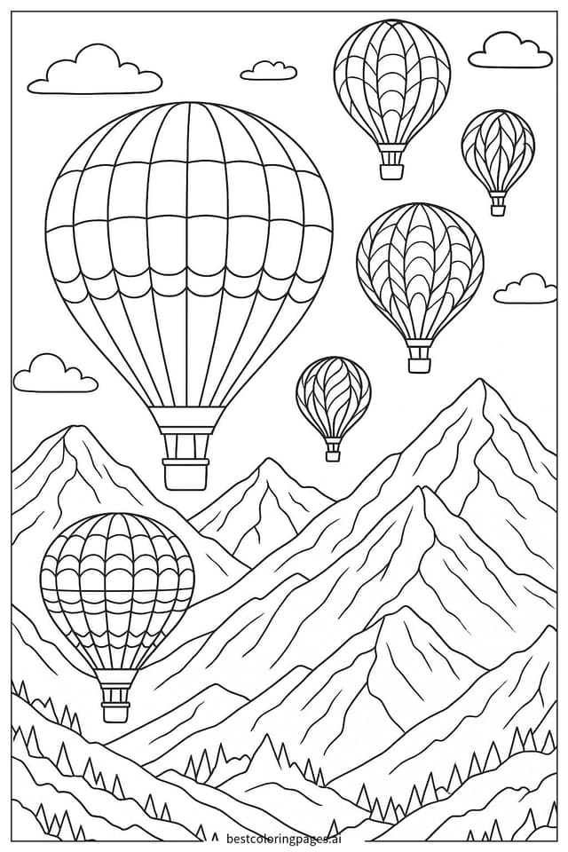 Dibujos de Carrera de Globos Aerostáticos sobre Montañas para Colorear