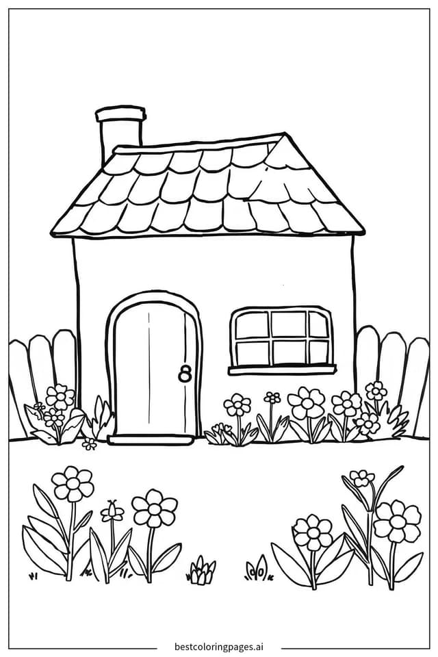 Desenhos de Casa com Jardim de Flores para Colorir