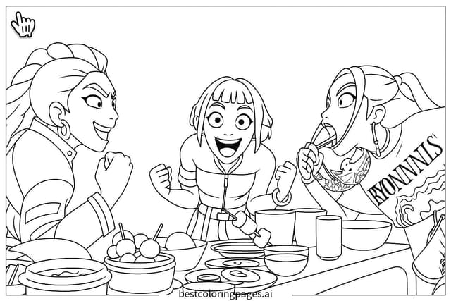 Dibujos de HUNTR X disfrutando de la comida para Colorear