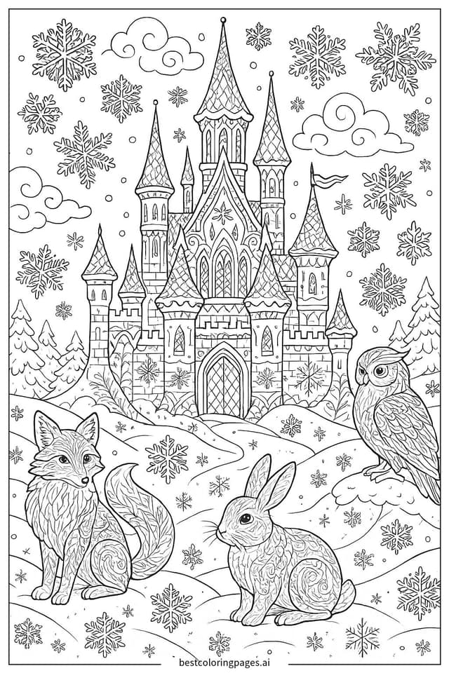 冰雪城堡與魔法生物 著色圖
