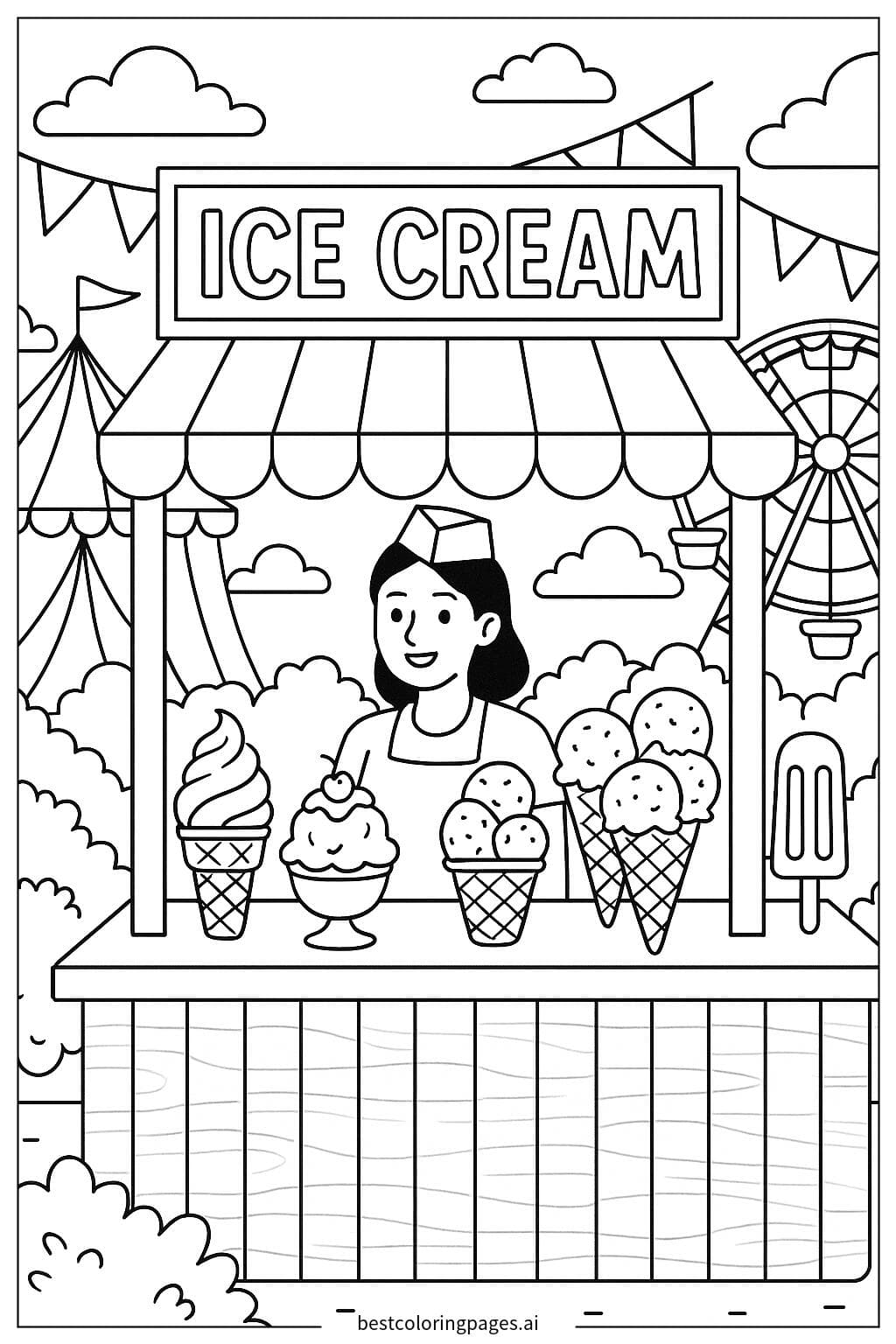 Ice Cream Shop at Summer Festival Coloring Page