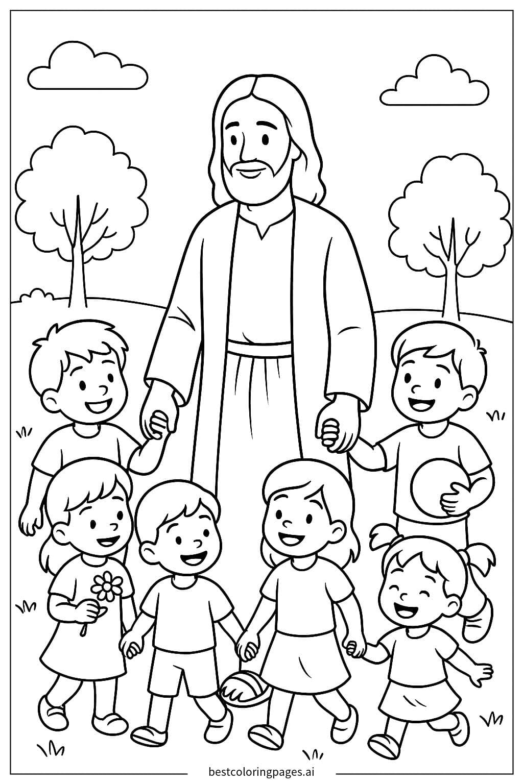 Jesus Walking with Children Coloring Page