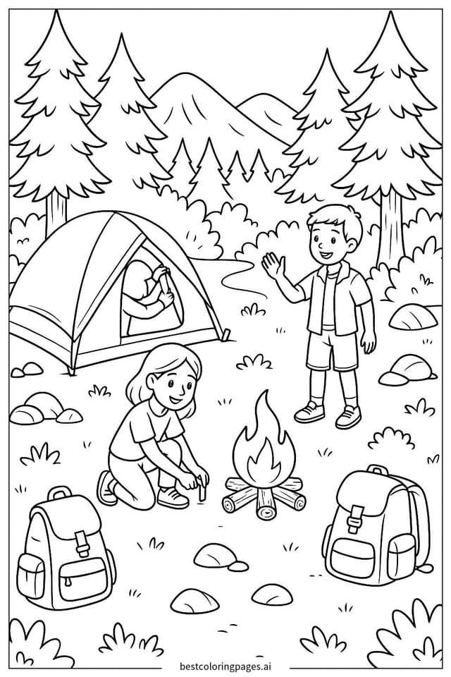 Kids Camping Adventure in the Woods Coloring Pages