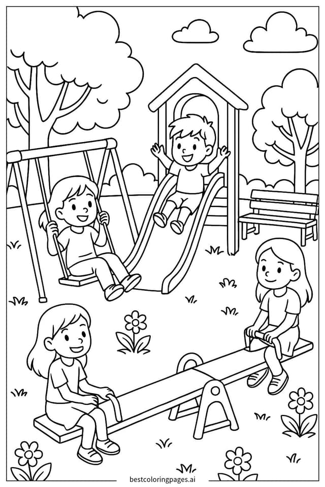 Children Enjoying a Day in the Park Coloring Pages