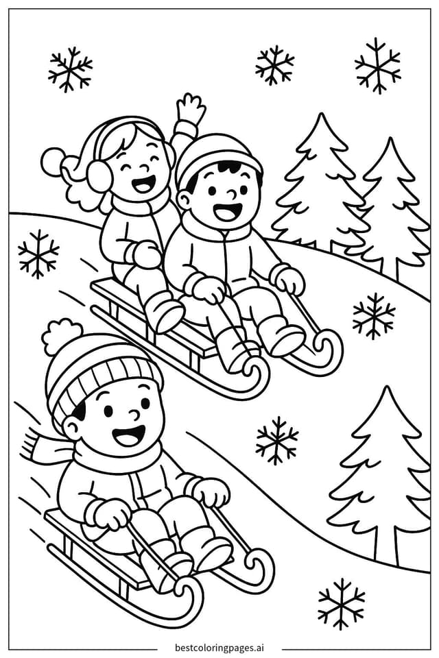 孩子們滑雪橇下山 著色圖