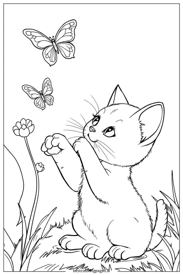 Desenhos de Gatinho Perseguindo Borboleta para Colorir