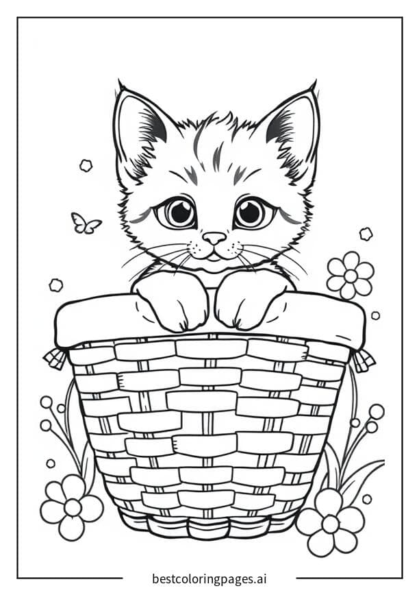 Kitten in a Basket Coloring Pages