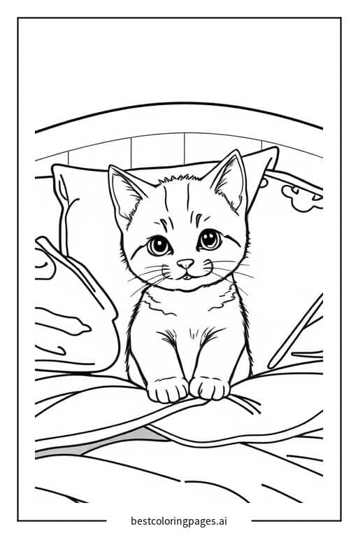 Coloriage Chaton entouré de coussins sur un lit