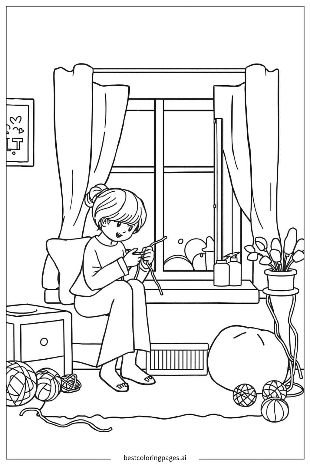 Cozy Knitting by the Window Coloring Page