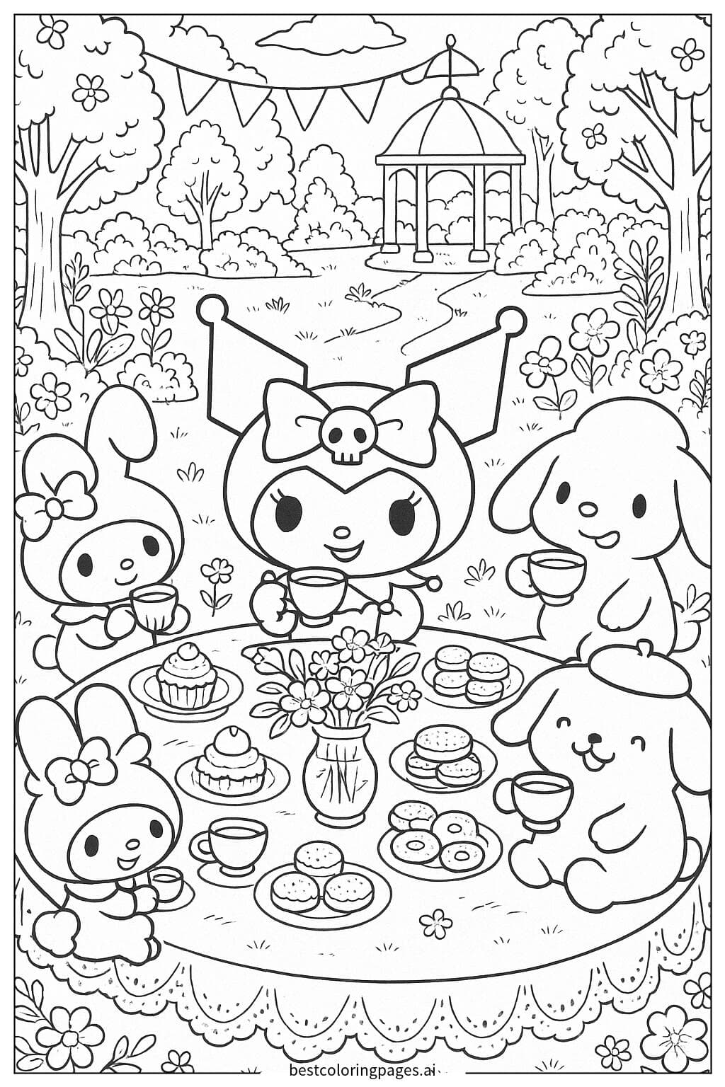 Kuromi's Tea Party Adventure with Friends Coloring Page