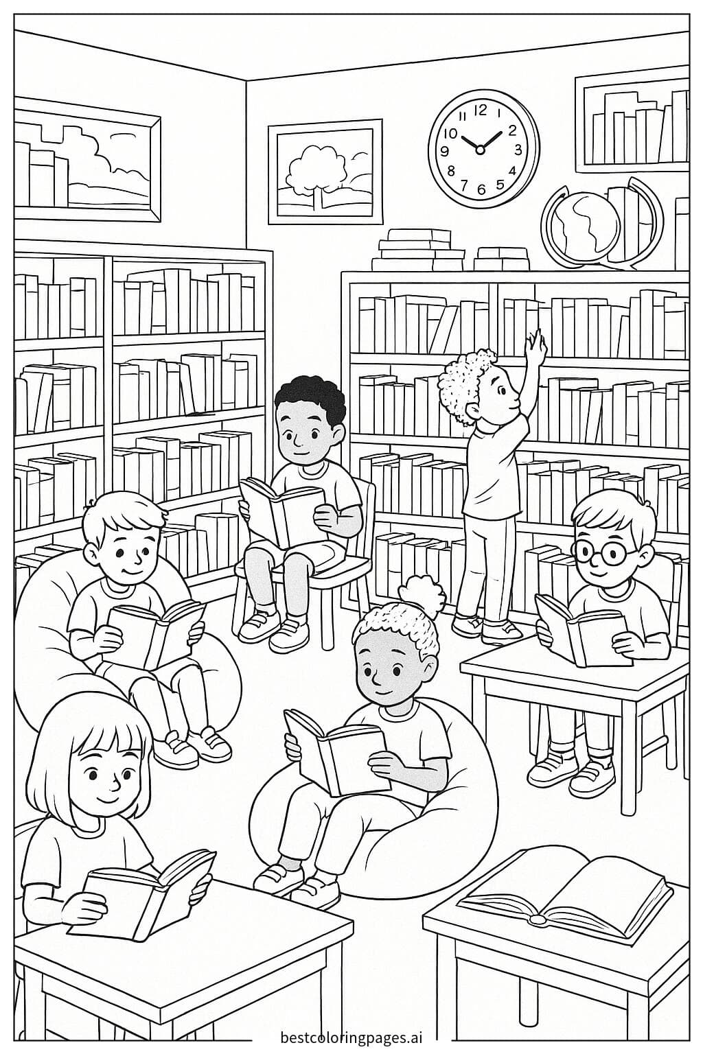 Scène de bibliothèque avec des enfants lisant des livres
