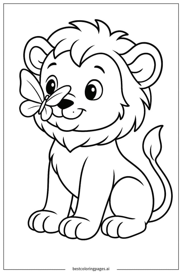 Adorable Lion Cub with a Butterfly on Its Nose Coloring Pages