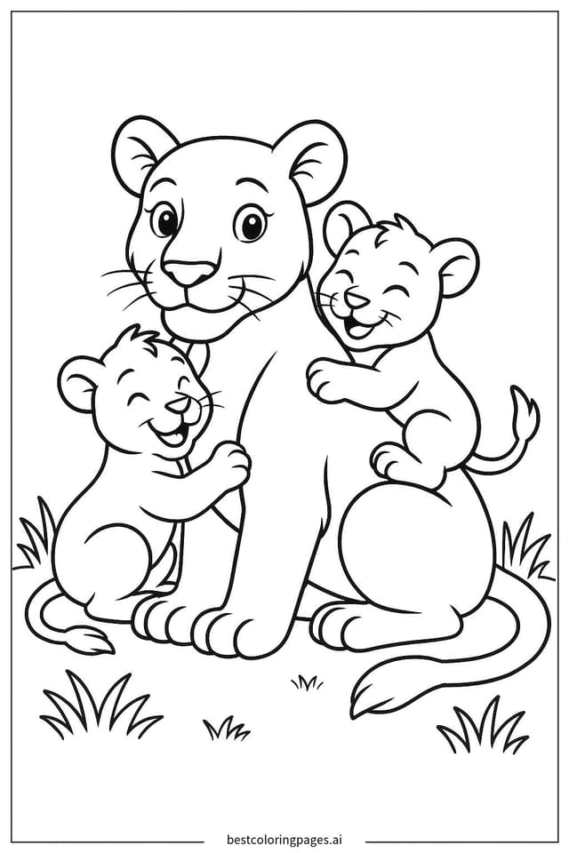 Lion Cubs Cuddling with Their Mother Coloring Pages