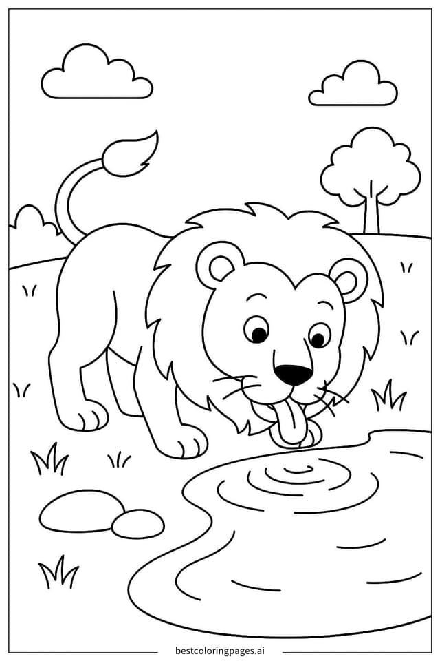 Lion Drinking Water from a Pond Coloring Pages