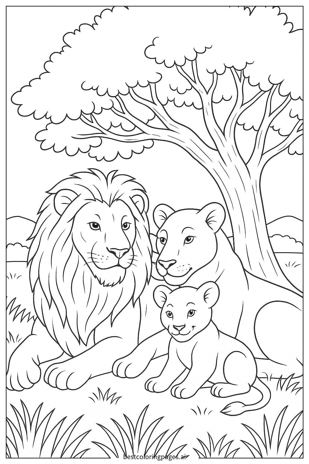Lion Family Relaxing Under a Tree