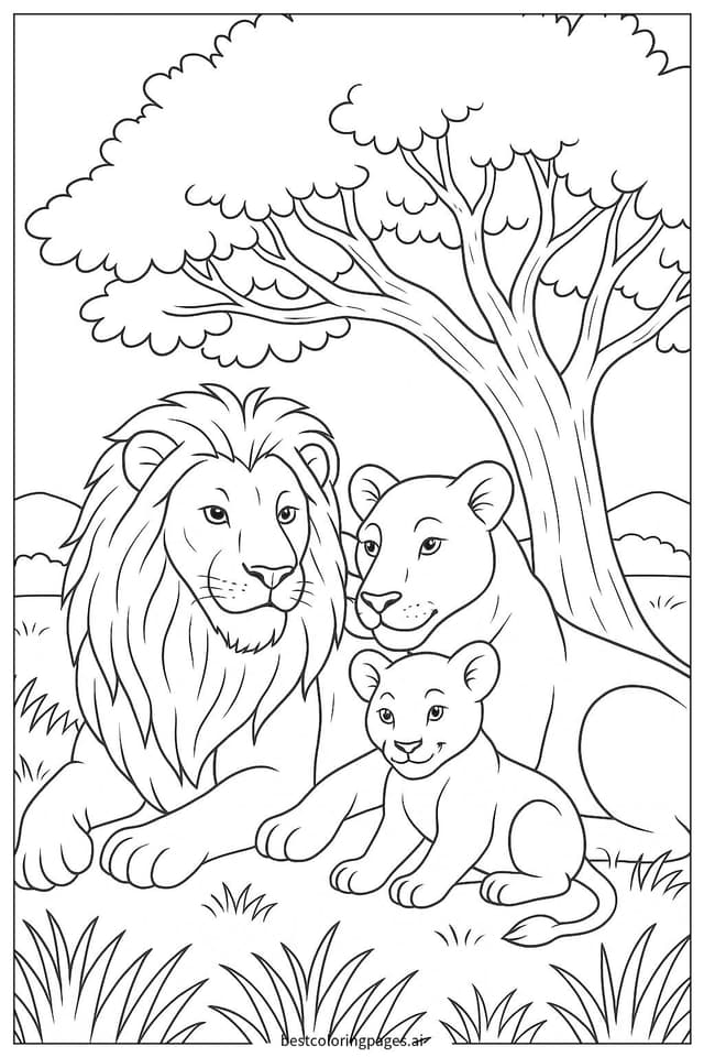 Lion Family Relaxing Under a Tree Coloring Pages