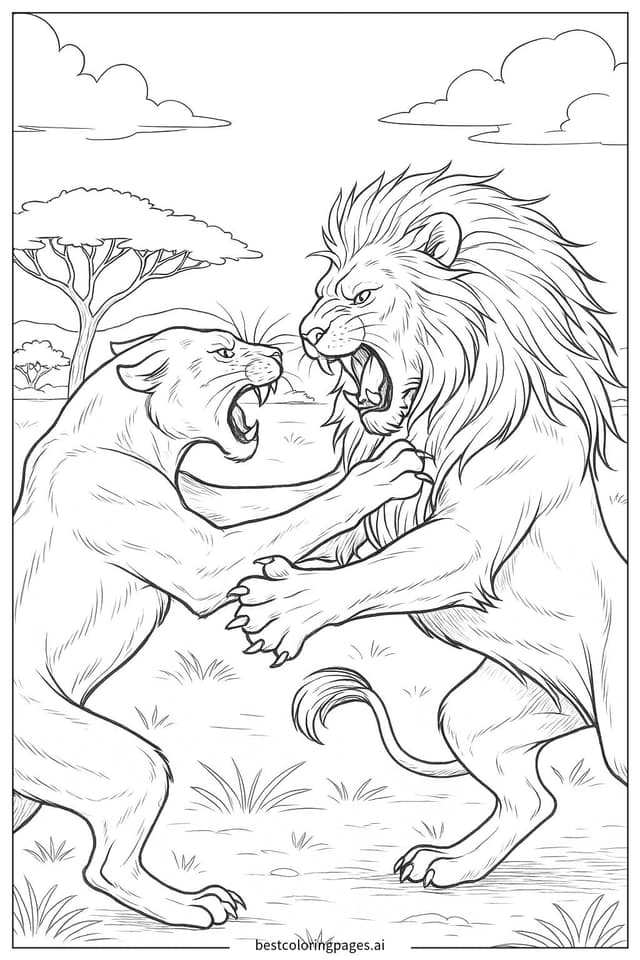 Lion Fighting Another Predator Coloring Pages
