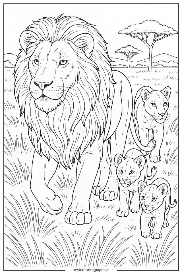 Lion Pride Walking Across the Savanna Coloring Pages