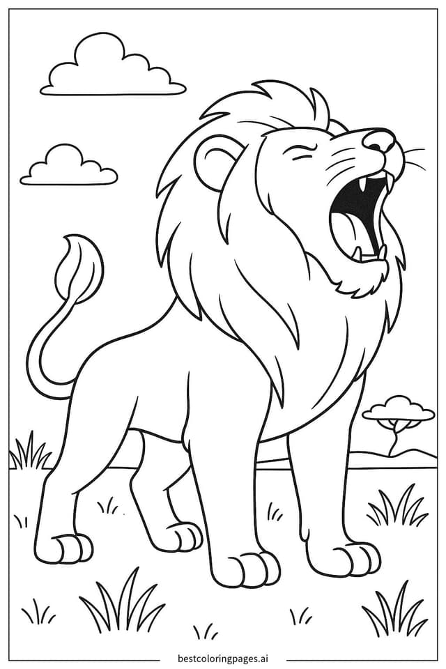 Lion Roaring in the Savanna Coloring Pages