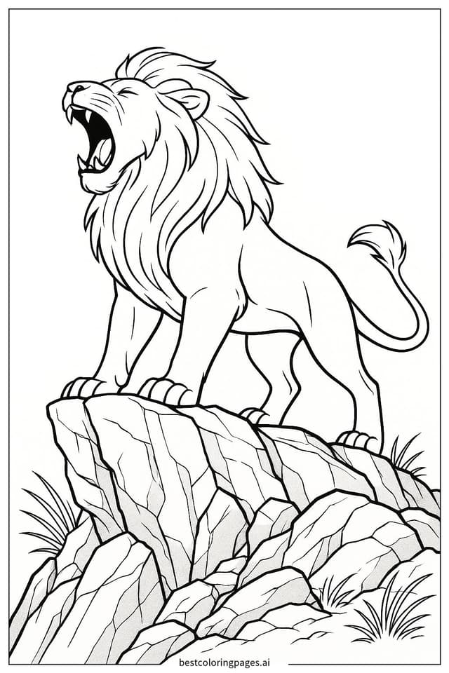 Lion Roaring on a Majestic Mountain Cliff Coloring Pages