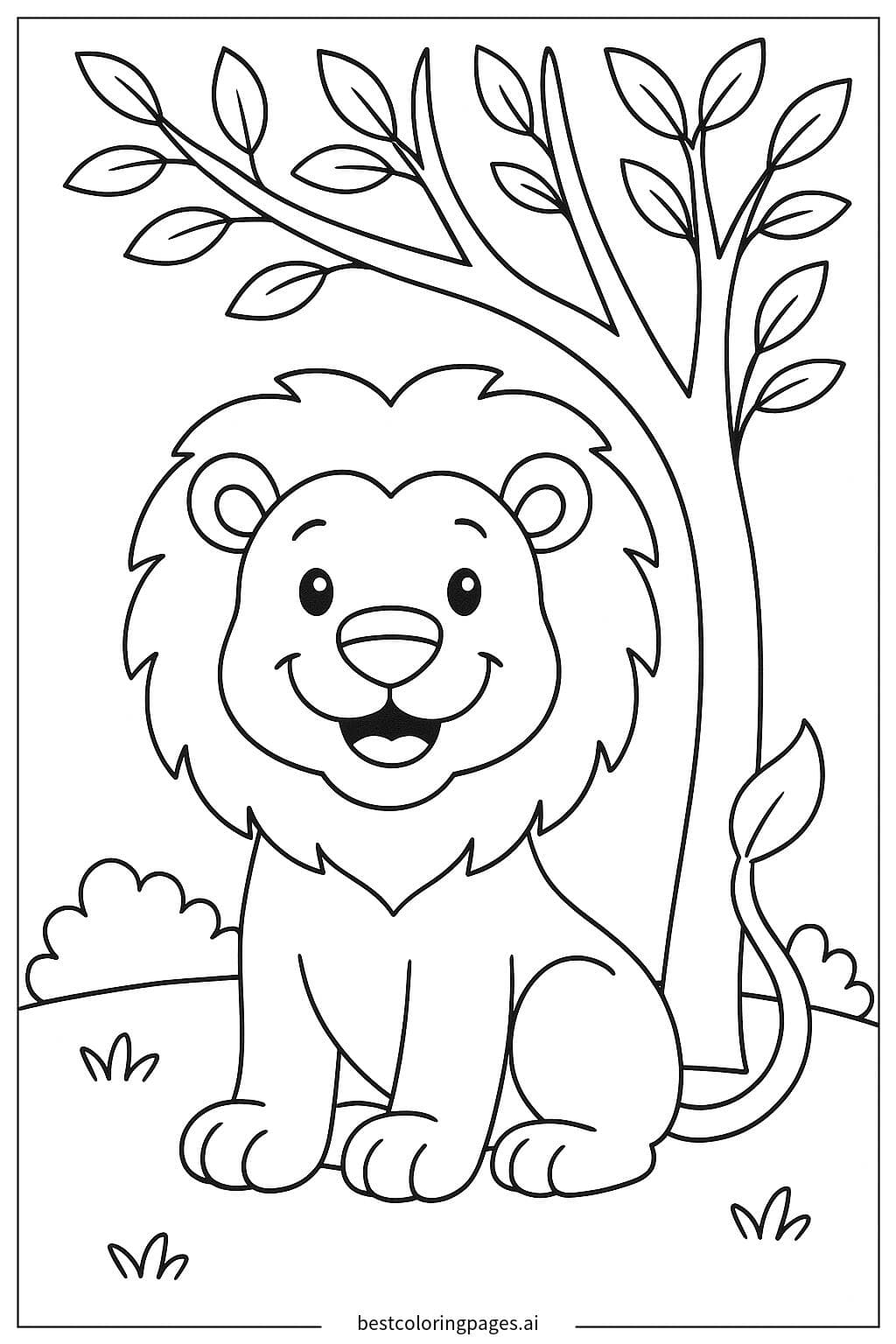Happy Lion with a Simple Tree Background