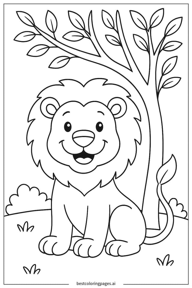 Happy Lion with a Simple Tree Background Coloring Pages