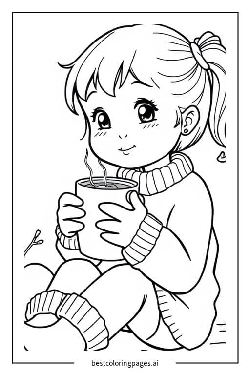 Coloriage Petite fille buvant du chocolat chaud